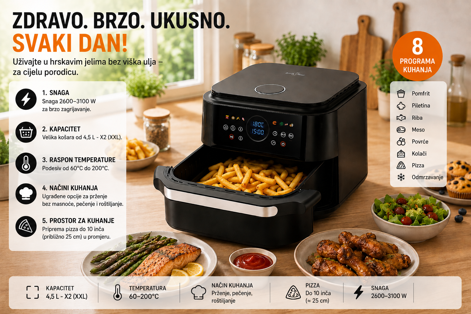 Swiss Haus air fryer u kuhinji okružen pečenim jelima i 8 programa pečenja