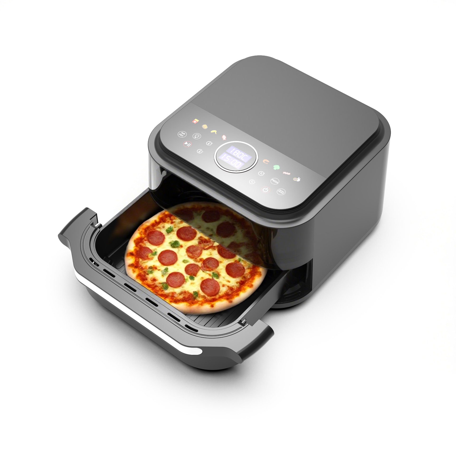 Otvorena košarica air fryera s cijelom pizzom