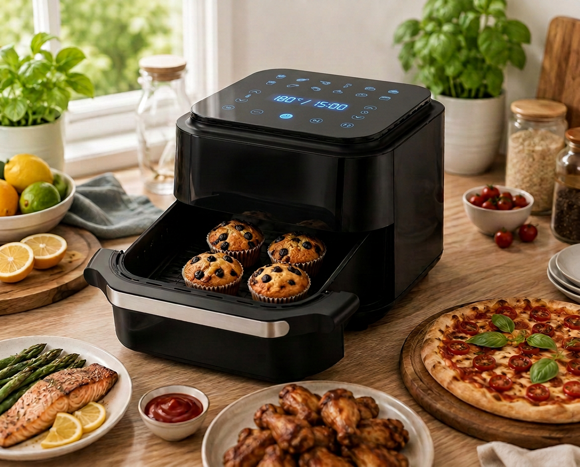 Swiss Haus XXL air fryer s pečenim muffinima u košarici