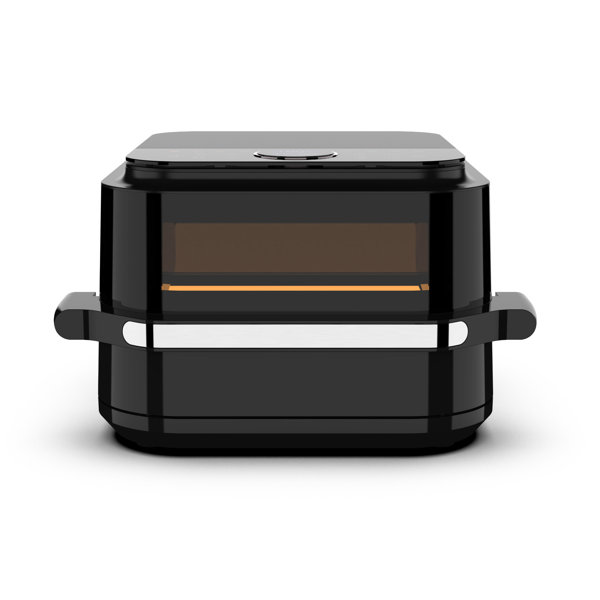 Prednji pogled na crni digitalni air fryer s prozorčićem